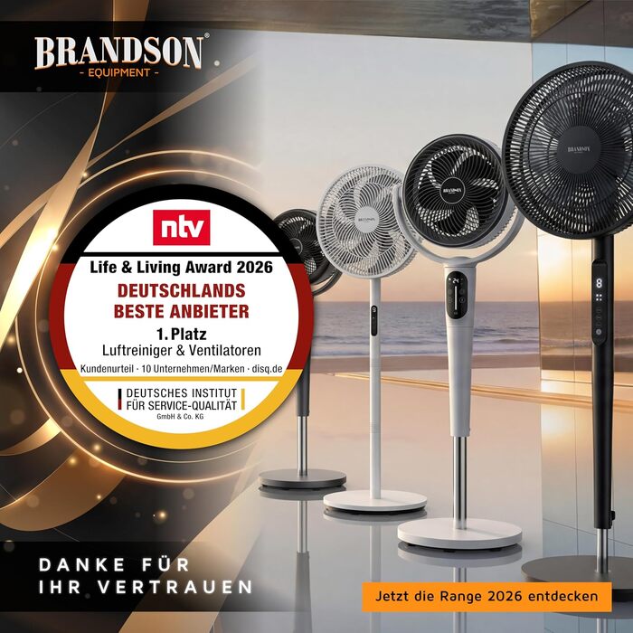 Вентилятор підлоговий Brandson ECO Line 3D з пультом, DC мотор, 9 швидкостей, білий