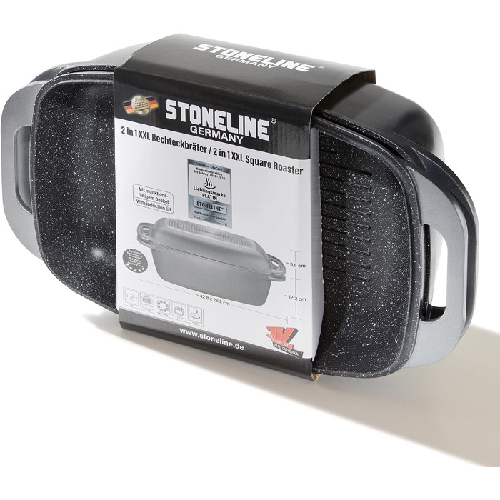 Журавлик STONELINE з кришкою 43x26 см, 8.4 л, чавунна каструля для запікання з антипригарним покриттям з частинками каменю, під індукцію та духовку, сірий
