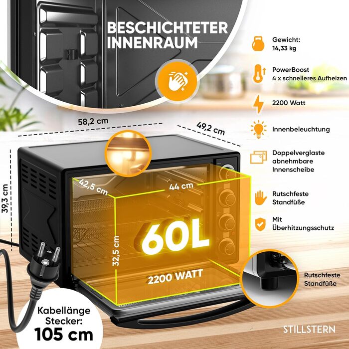 Міні-піч Stillstern 60л з конвекцією (Німеччина) для піци Ø40см, антипригарне покриття CYCLONE PRO+, розморожування, таймер 2 години, міні-духовка для кемпінгу, гриль з рожном