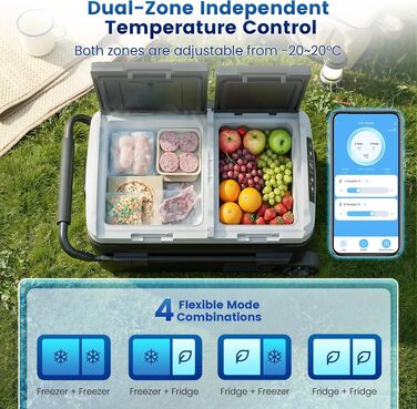 Автомобільний холодильник KROAK 40л з Bluetooth, 2 зони (-20°C/+20°C), 12/24/230V, колеса, перегородка, тихий (45дБ) - для авто, кемпінгу, каравану