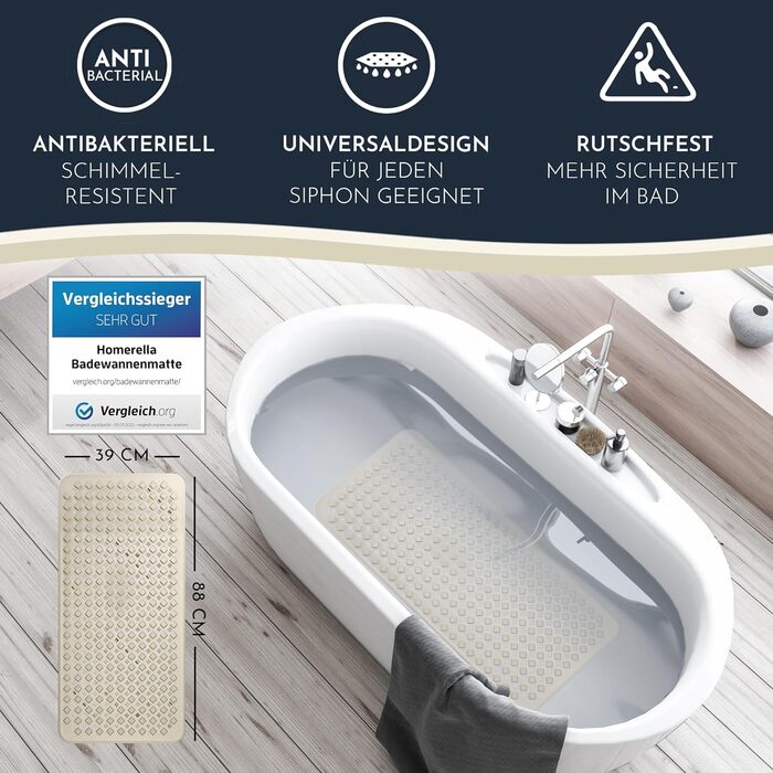 Антиковзний килимок для ванни Homerella 88x39 см, без BPA, гіпоалергенний, з підвісом, стійкий до цвілі, можна прати в машинці, колір пісочний