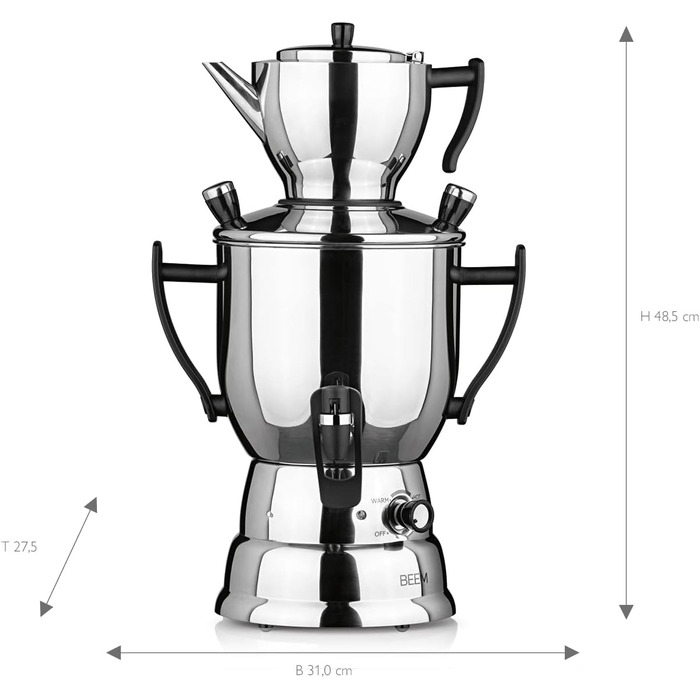 Електричний самовар BEEM TEA-PERFECT 3 л з чайником 1,2 л з ситечком, нерж. сталь, термостат, диспенсер, для дому та HoReCa