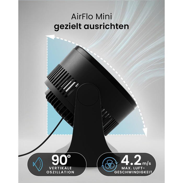 Pro Breeze AirFlo Mini Настільний Вентилятор: Тихий Турбо Вентилятор з 3 Швидкостями, Нахилом 90° та Потужним Потоком Повітря 4.2 м/с, Компактний для Офісу, Спальні та Дому (Чорний)
