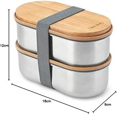 Ланч-бокс Bento BLACK+BLUM з нержавіючої сталі та бамбуковою кришкою, 2x500 мл, герметичний, з вилкою, розділювачем і обробною дошкою, Sara Kiyo Popowa Edition, для дорослих