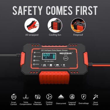 Зарядний пристрій для акумулятора 12V 6A, Smart, автоматичний, з температурною компенсацією, для авто, вантажівок, мотоциклів, газонокосарок, човнів, морських акумуляторів, червоний