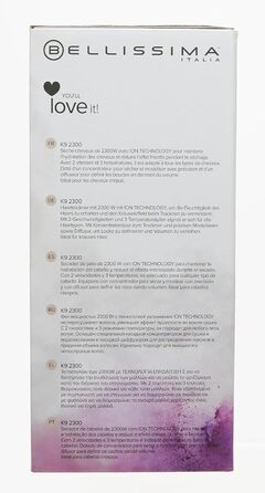 Фен для волосся Bellissima K9 2300 Вт з іонізацією, без фризу, 8 режимів, з функцією зволоження та насадкою для локонів