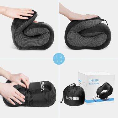 Подушка для шиї Homiee, ортопедична, з memory foam, для подорожей, авто, офісу, чорна