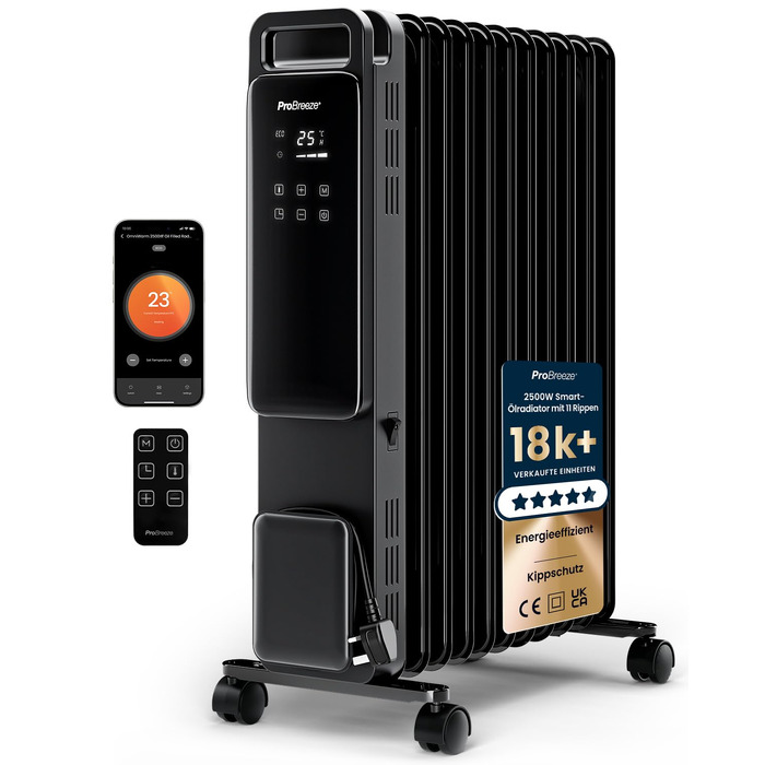 Розумний електричний масляний радіатор Pro Breeze 2500W, 11 секцій, з керуванням через Wi-Fi (Smart App), таймером на 24г, термостатом та сенсорним дисплеєм, чорний