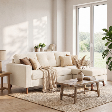 Кутовий диван Ecksofa (192 см), 3-місний, з реверсивним шезлонгом, велюр-кордуロイ, для маленьких кімнат, кремово-білий