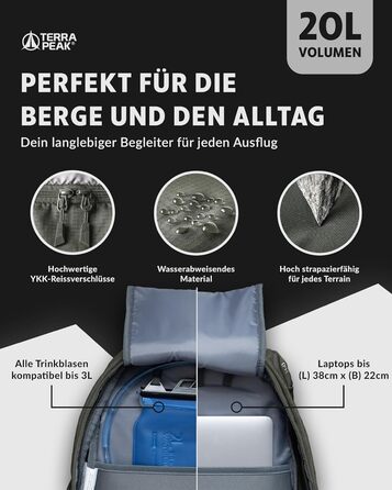 Рюкзак Terra Peak Flex 20L преміум, оливковий – туристичний рюкзак з вентиляцією спини, питною системою, дощовиком, 3D Air Mesh поліестер, поясом, для трекінгу та подорожей