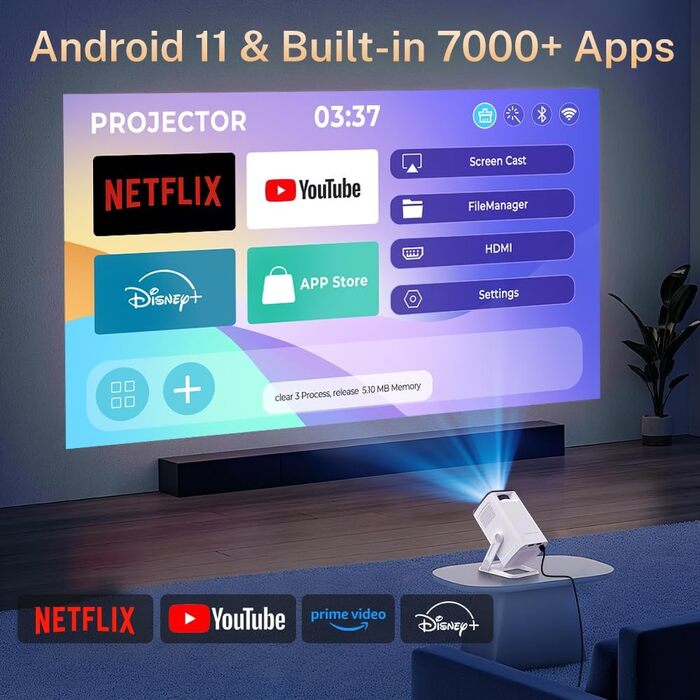 Портативний проєктор LYNCAST HY300 Pro з Wi-Fi, Bluetooth та Android 11. Підтримка 1080P/4K, поворотний на 180°, для домашнього кінотеатру та використання на відкритому повітрі (VisualCube 300 White)