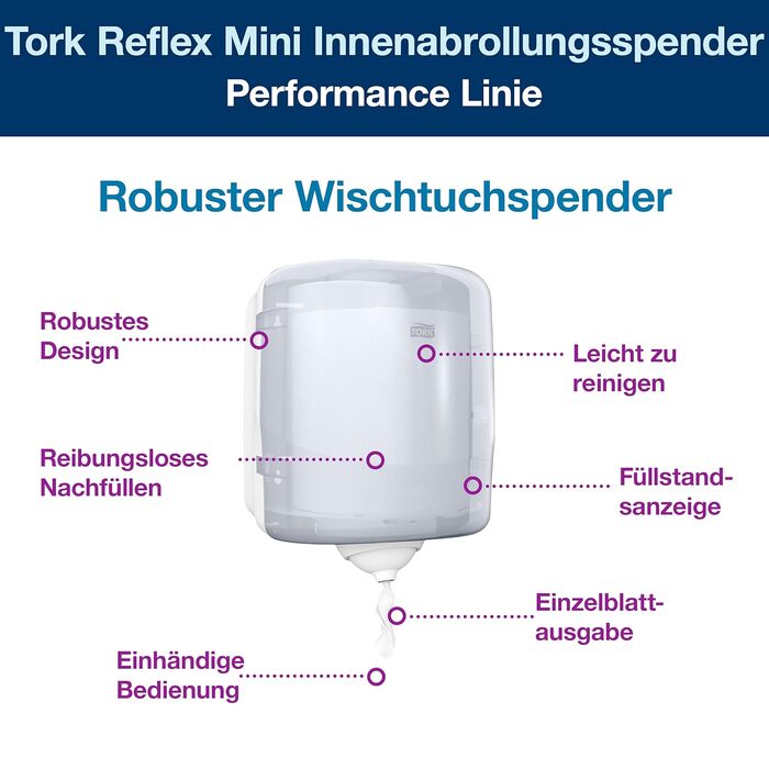 Диспенсер для паперових рушників Tork Reflex M4, білий, серія Performance, аркушевий, внутрішнє відмотування, 473190