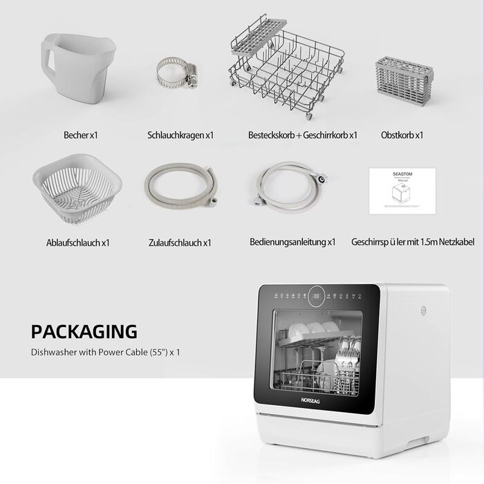 Посудомийна машина Mini Dishwasher портативна настільна з 10 програмами, баком 5л, на 3 комплекти, сенсорним керуванням, LED дисплеєм, захистом від переливу для квартири, кемпінгу (клас енергоефективності D)