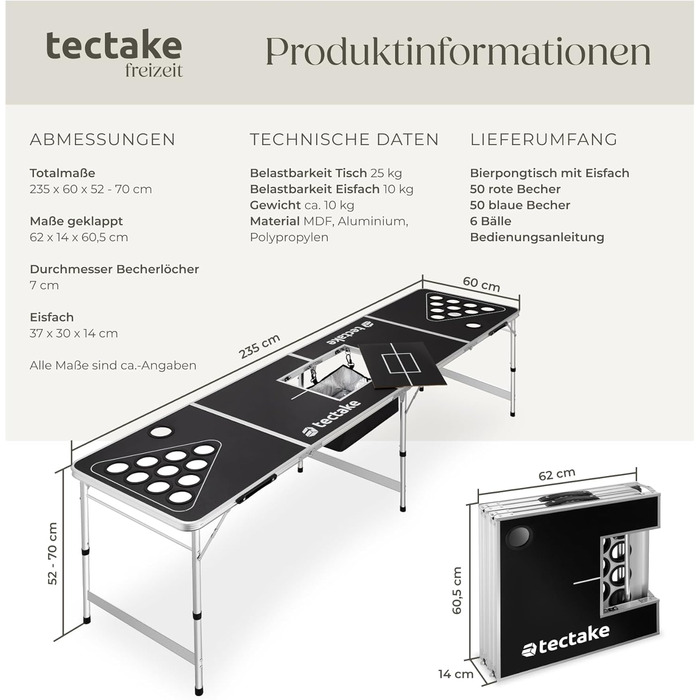 Стіл для пивного понгу tectake, складаний, з регульованою висотою, 100 стаканів (50 червоних і 50 синіх), 6 м'ячів, ігровий набір для вечірок, пивний понг для дорослих