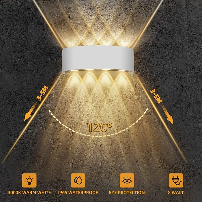 Світильник настінний Lureshine, 2 шт., алюміній, 8 Вт, LED, 3000K, IP65, білий, для вітальні, внутрішній і зовнішній монтаж, 22x8x5 см, тепле світло, ап-даун