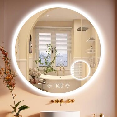 Дзеркало для ванної кімнати Habison з підсвічуванням 70x70 см, LED, з годинником та сенсорним вимикачем, регулювання яскравості, тепле/холодне/нейтральне світло, антизапотівання, 3-кратне збільшення
