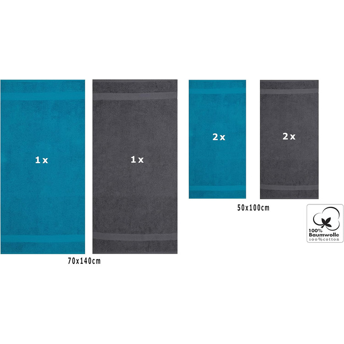 Комплект рушників Betz Palermo 6 шт: 2 банних 70x140 см, 4 для рук 50x100 см, сауна, лежак, бавовна, бірюзовий та антрацитовий