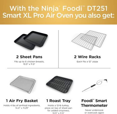 Мультипіч Ninja Foodi DT251 Smart XL 10-в-1: Аерогриль, духовка, тостер, гриль, з термометром, срібляста