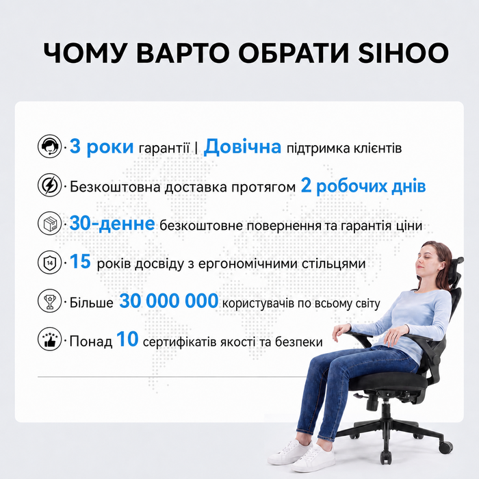 Ергономічне офісне крісло SIHOO B100 SE для комп'ютера з динамічною підтримкою попереку, чорне