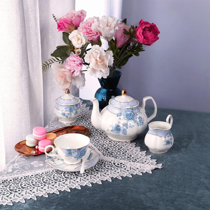 Порцеляновий чайний сервіз Fanquare Blue Flowers на 6 персон: чашки, блюдця, чайник, цукорниця, молочник, весільний набір, китайський кавовий сервіз