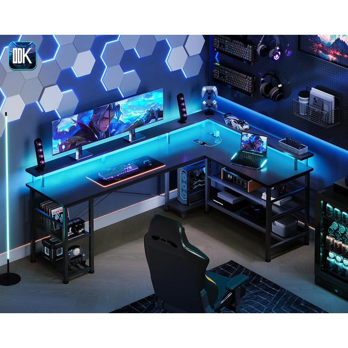 Ігровий кутовий стіл ODK Gaming з LED-підсвіткою та USB-портом, вуглецеве покриття, 168×120 см, чорний