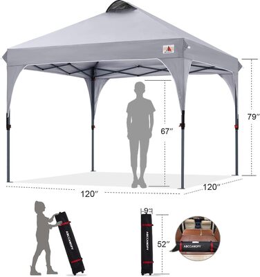 ABCCANOPY павільйон 3x3 м водонепроникний, складаний, садовий, для фестивалів, сонцезахист, з сумкою на колесах, 4 вагові сумки, 4 мотузки, 4 кілки, сірий