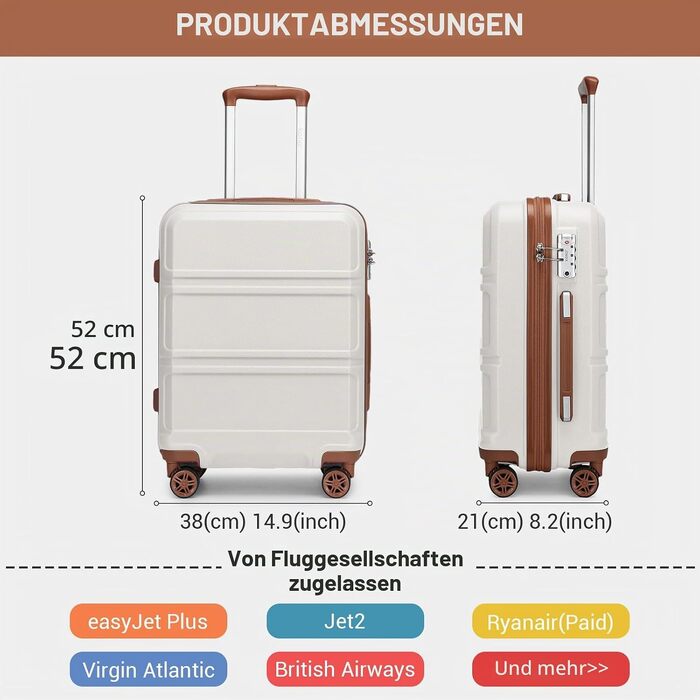 Ручна поклажа KONO: Валіза для кабіни з ABS+PC, 52x38x21 см, для Lufthansa та Eurowings, легка дорожня валіза на колесах із TSA-замком (Кремовий білий)