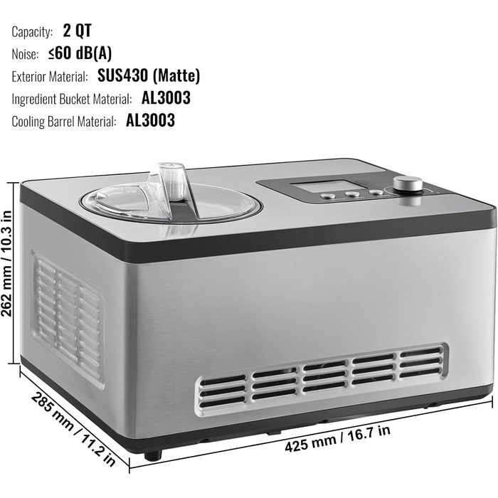 Електрична машина для приготування морозива VEVOR 2L, 180W - Морозиво, сорбет, йогурт, Gelato. Срібна, горизонтальна