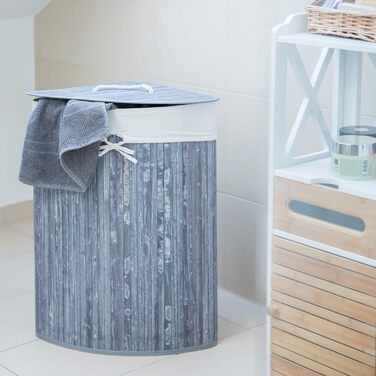 Кутовий кошик для білизни Relaxdays з бамбука, складаний, 60 л, знімна кришка, мішок з бавовни, сірий, 65x49,5x37 см
