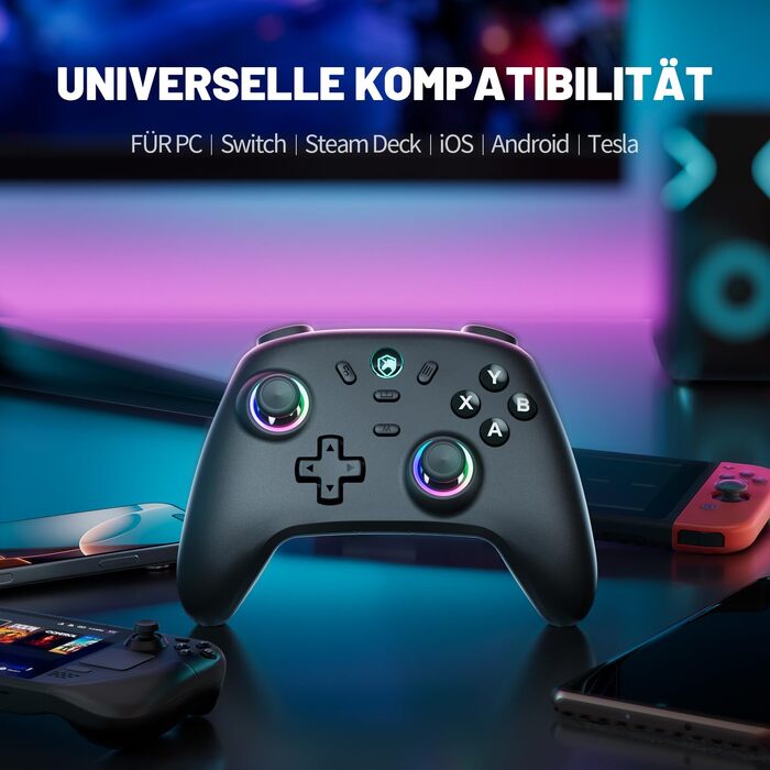 Ігровий бездротовий контролер ECHTPower для PC, Switch, Steam Deck, Android, iOS — RGB-підсвітка, Hall-джойстики, Turbo, вібрація, акумулятор 800mAh, чорний