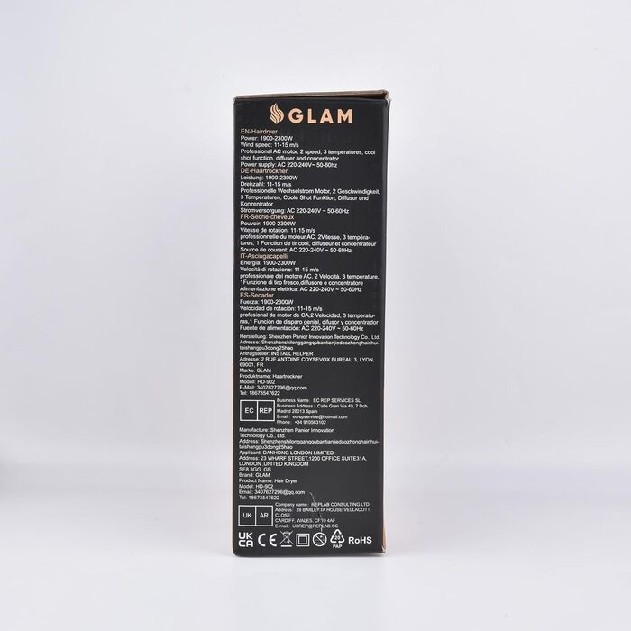 Потужний фен для волосся GLAM Profi 2300 Вт з іонізацією, AC-мотором, 2 швидкостями, 3 температурними режимами, холодним обдувом, дифузором і концентратором, чорний – професійна сушка волосся