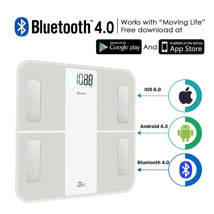 Цифрова вага-аналізатор жиру Uten з Bluetooth, 180 кг, біла, з додатком