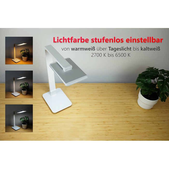 Настільна LED лампа FeinTech LTL00100, димована, 550 лм, з USB, алюміній, ABS-пластик, акрил, регульована температура світла (тепле/холодне біле), біла, 37x15x43.5 см