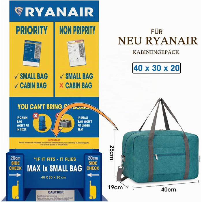 Складана сумка для ручної поклажі Narwey для Ryanair (40x30x20 см), компактна дорожня сумка з плечовим ременем, синьо-зелена