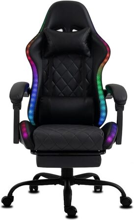 Ігрове крісло Delman Gaming з RGB LED підсвіткою, підставкою для ніг та металевою основою, чорне (02-0055)