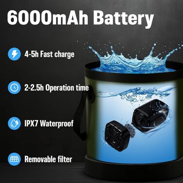 Портативний кемпінговий душ Goody King з помпою та акумулятором 6000mAh, складане відро 20Л, 3 режими струменя, LED-дисплей, IPX7 – для кемпінгу, автодому, саду та миття собак