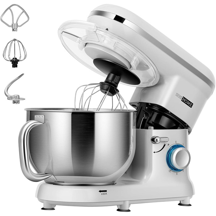 Кухонна машина VIVOHOME 5.7L з місткістю 5.7 літрів, потужністю 660W, 10 швидкостей, функцією імпульсу, для замішування тіста, з бризковим захистом, містить гак для тіста, вінчик та роздільник яєць (срібна)