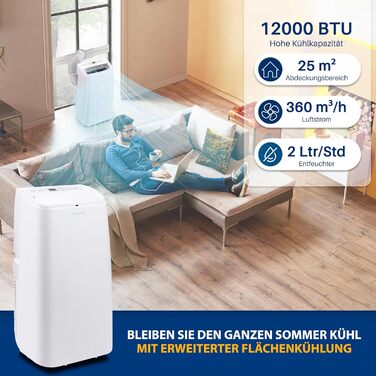 Мобільний кондиціонер SereneLife 3-в-1 з трубкою, 12 000 BTU, осушувач і вентилятор, для приміщень до 25 м², з пультом, видаляє 1,8 л вологи/год, білий