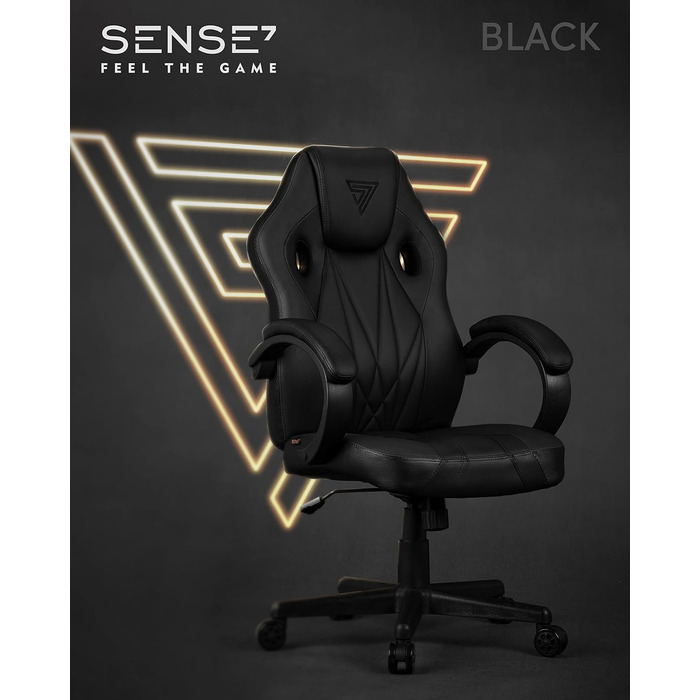 Ігрове крісло SENSE7 Prism, ергономічне, з гойдалкою, м’які підлокітники, PU-шкіра, офісне крісло до 120 кг, чорне