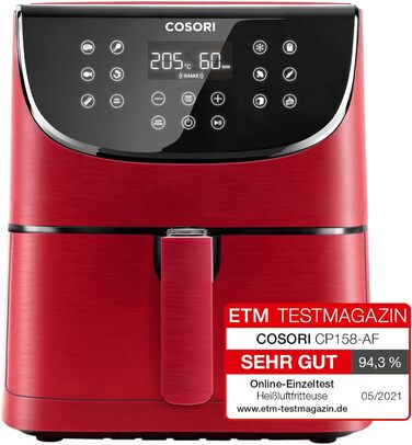 Аерофритюрниця COSORI 5,5 л XXL, червона, цифровий LED-екран, 11 програм, функції попереднього нагріву та підтримки тепла, Shake-режим, 100 рецептів німецькою, без олії, 1700 Вт, преміум якість