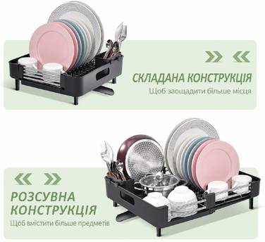 KINGRACK розсувна сушарка для посуду з нержавіючої сталі, складана, з піддоном для столових приладів, стійка до подряпин, з обертовим зливом, чорна