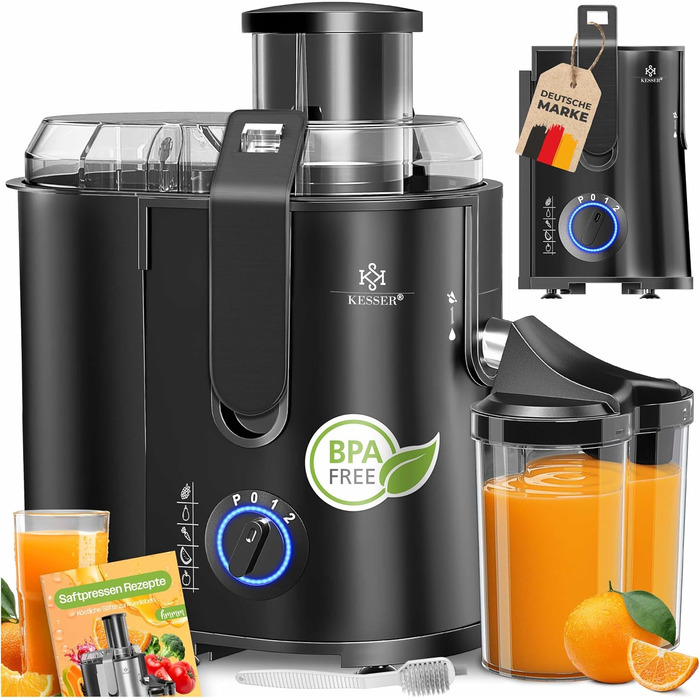 KESSER® Електрична центрифужна соковитискачка для фруктів та овочів з нержавіючої сталі, 1100W, велика завантажувальна воронка, 3 швидкості, сірий/сріблястий (чорний)