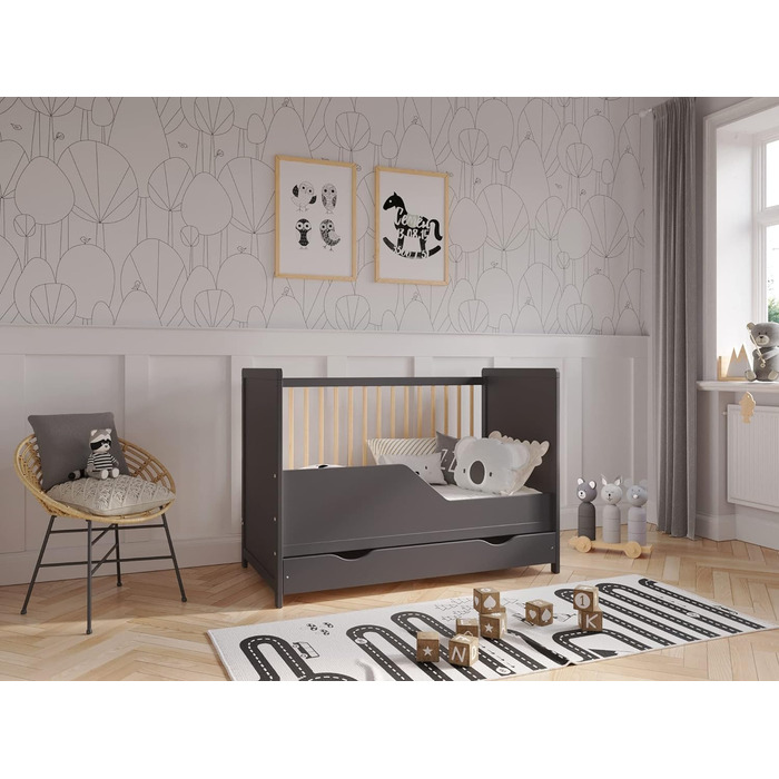 Дитяче ліжечко Love For Sleep з шухлядою та матрацом Aloe Vera 120x60 см, захисні бортики, біле/сосна