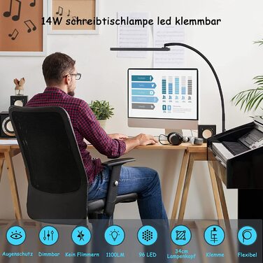 LED настільна лампа BIENSER з кліпсою, 14Вт, гнучкий шнур, 1100Лм, 5 кольорів, 10 рівнів яскравості, диміруєма, захист для очей, для офісу, чорна
