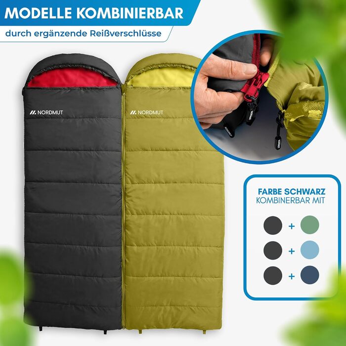 Спальний мішок-ковдра NORDMUT для дорослих, ultralight 1600г, 3-сезонний (250 GSM) з двосторонньою блискавкою YKK для кемпінгу, фестивалів та відпочинку на природі (Окер)