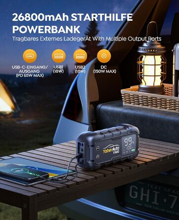 Бустер для автомобіля YaberAuto 8000A, пусковий пристрій Powerbank 26800mAh, 65W USB-C PD, для бензинових та дизельних двигунів до 12.0л, з ліхтарем 600 Лм