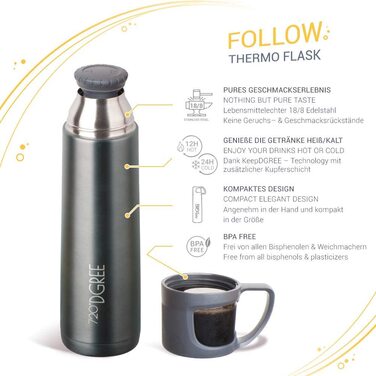 Термос 720°DGREE Follow з чашкою, 700 мл, стальний, герметичний, BPA-free, для кави, чаю, для дітей, школи, роботи, outdoor, сірий