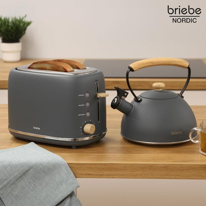 Тостер Briebe Nordic Set 2-слотовий з широкими прорізами, підставка для булочок, 6 рівнів підсмажування + Електричний чайник індукційний 2.3л, нержавіюча сталь, без BPA, Набір для сніданку в скандинавському дизайні (Сірий)