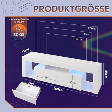 Тумба під телевізор WLIVE з LED підсвіткою, біла, 160x35x45 см, для телевізорів до 70 дюймів, з відкритими полицями та 2 шухлядами для вітальні