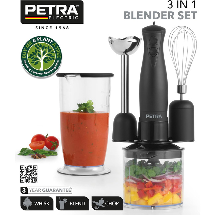 Блендер Petra PT2827BMBLKVDE 3-в-1 для приготування дитячого харчування, смузі та соусів, 350 Вт, BPA-free, з насадками, вінчиком, чашею 500 мл, стаканом 700 мл, 2 швидкості, леза з нержавіючої сталі